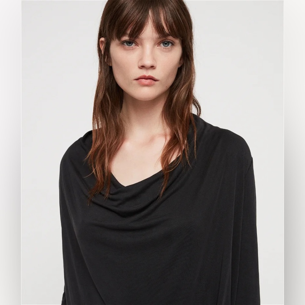 Allsaints Black Cupro Amei Long Sleeve Draped Mini Dress Size 0 EUC - Picture 4 of 12